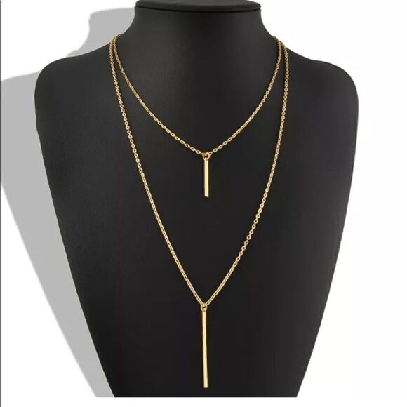 Gold Tone Double Vertical Bar Necklace - Picture 1 of 3